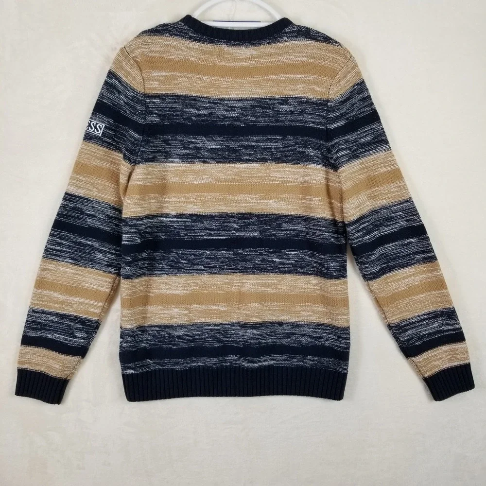 GUESS Los Angeles Mens Large Striped Crewneck Sweater Navy‎ Blue Tan Knit L